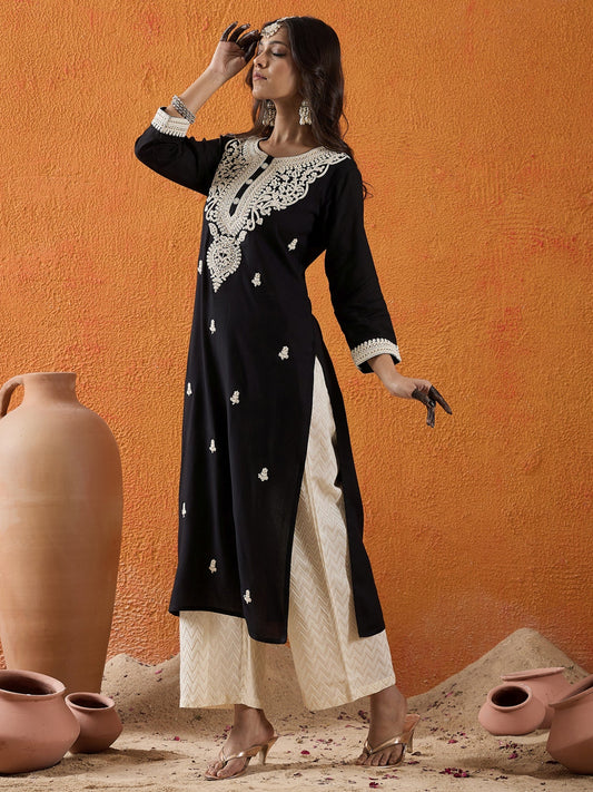 Black Embroidered Straight Kurtas