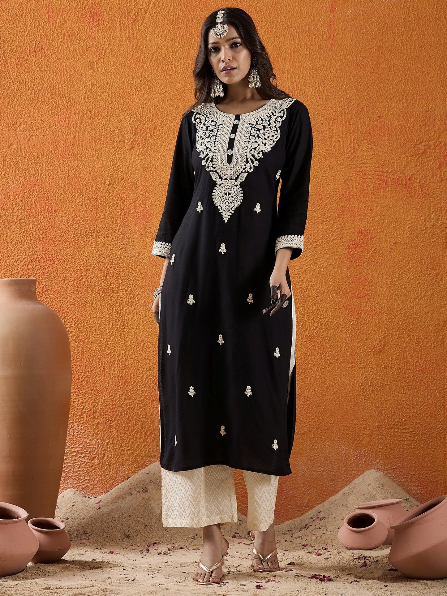 Black Embroidered Straight Kurtas