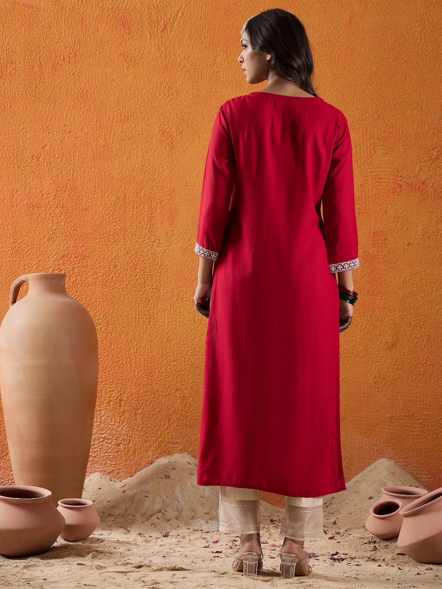 Maroon Embroidered Straight Kurtas