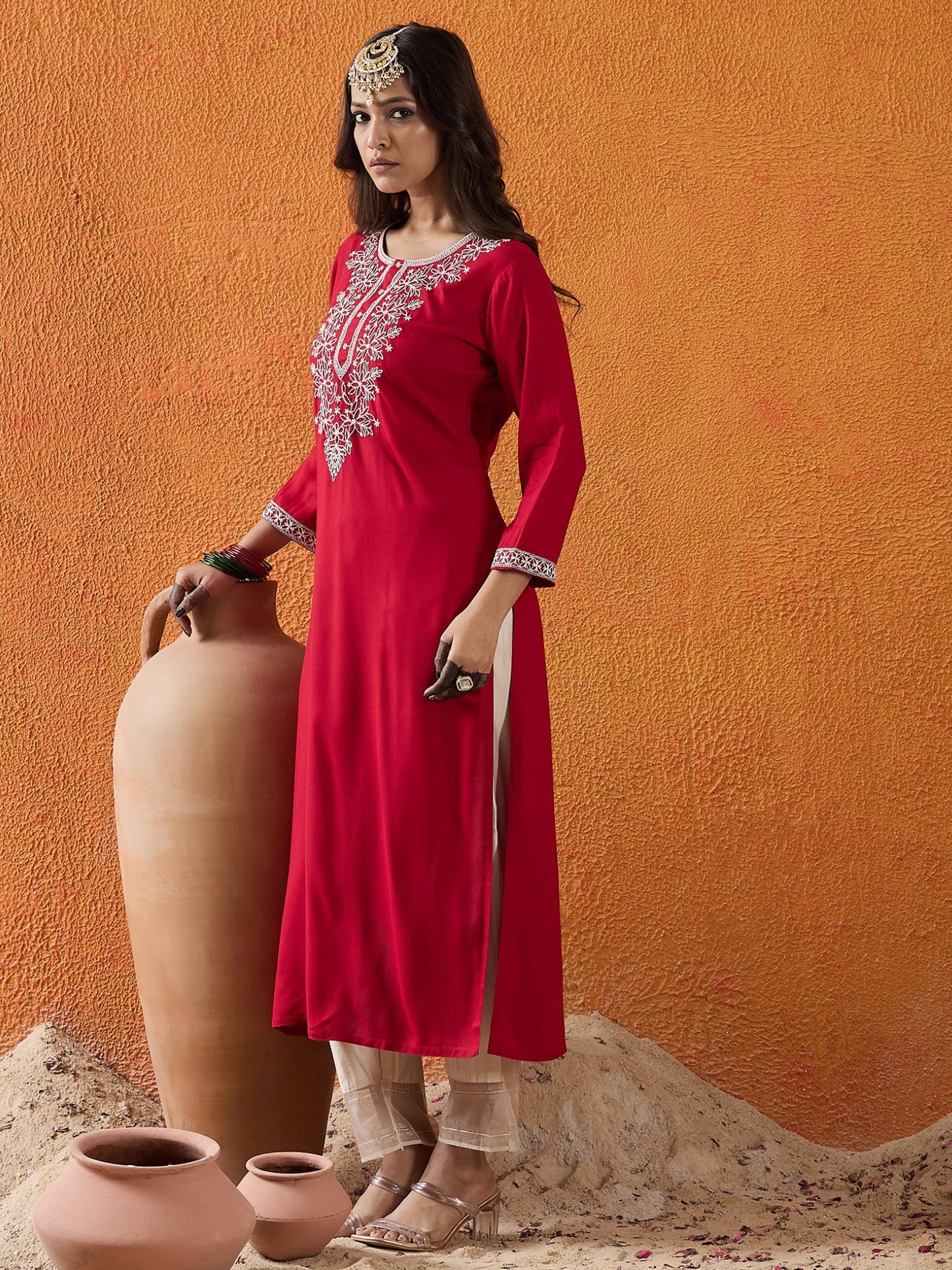 Maroon Embroidered Straight Kurtas