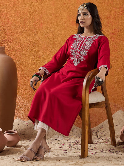 Maroon Embroidered Straight Kurtas