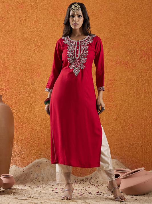 Maroon Embroidered Straight Kurtas