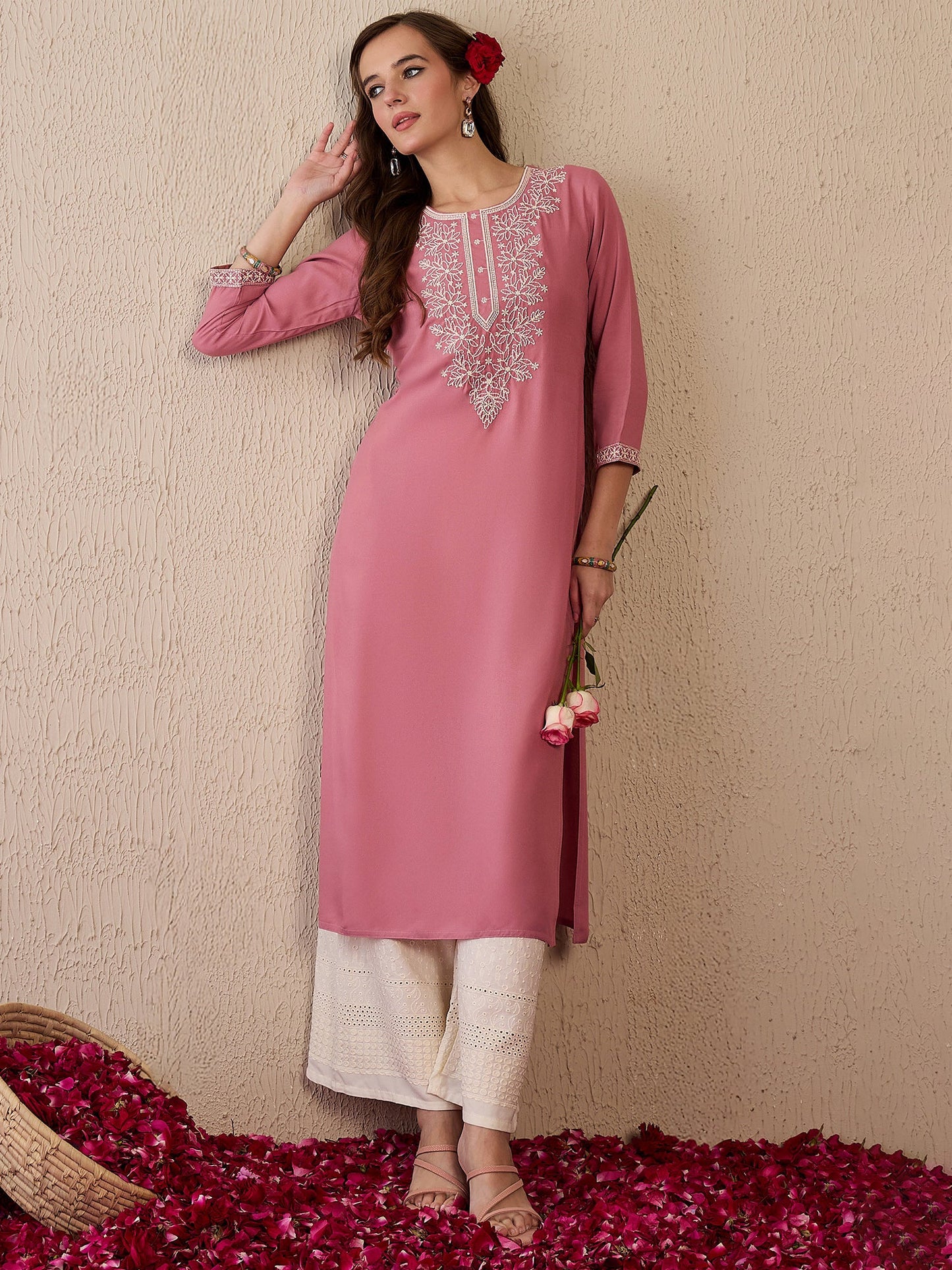 Mauve Embroidered Straight Kurtas