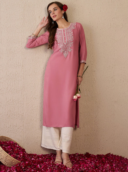 Mauve Embroidered Straight Kurtas