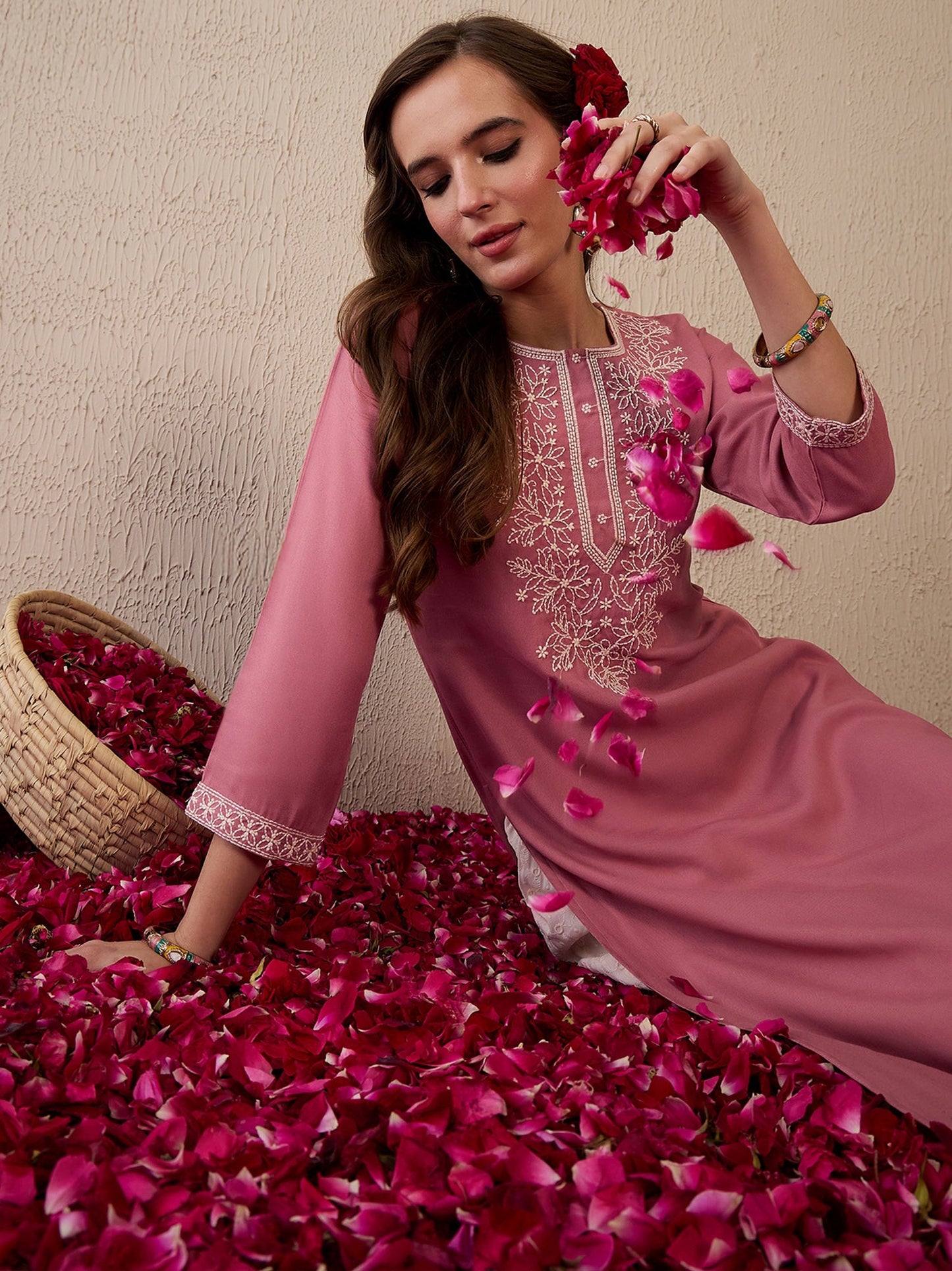 Mauve Embroidered Straight Kurtas