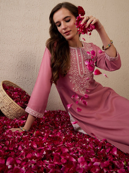 Mauve Embroidered Straight Kurtas