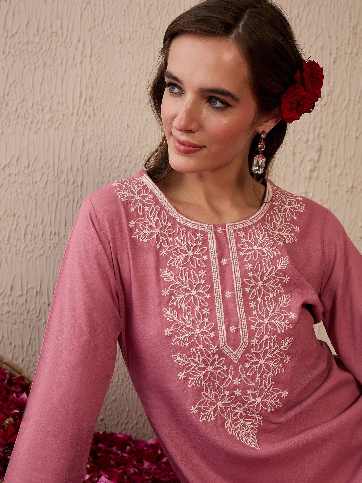 Mauve Embroidered Straight Kurtas