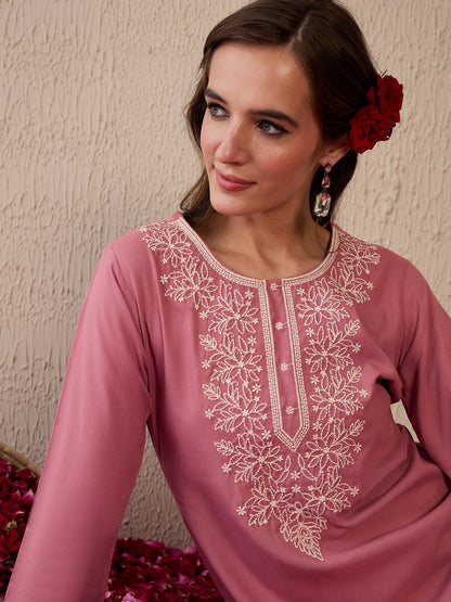 Mauve Embroidered Straight Kurtas