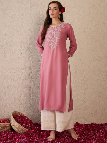 Mauve Embroidered Straight Kurtas