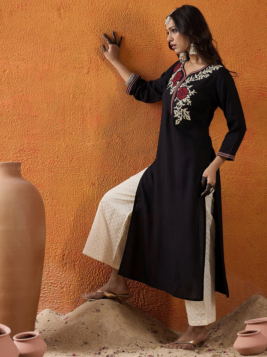 Black Embroidered Straight Kurtas