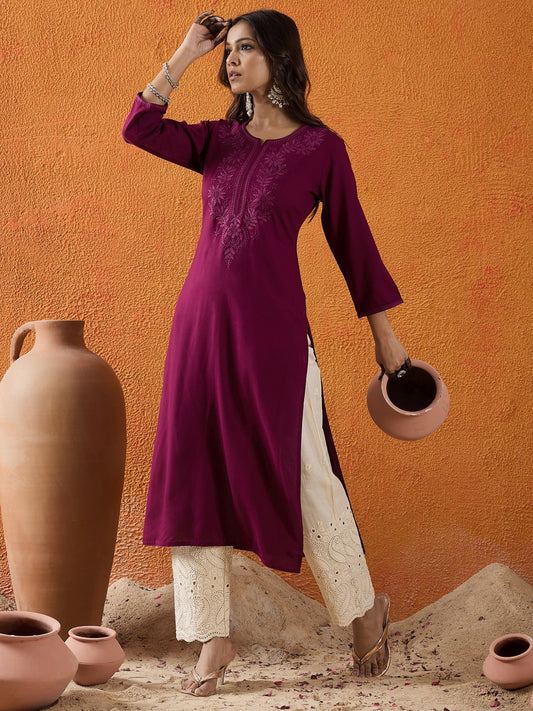 Burgundy Embroidered Straight Kurtas