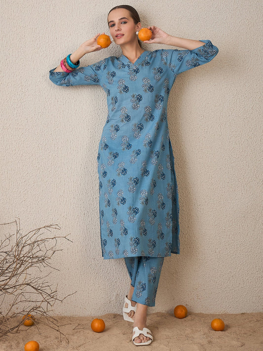 Blue Printed Straight Kurta Trousers Set