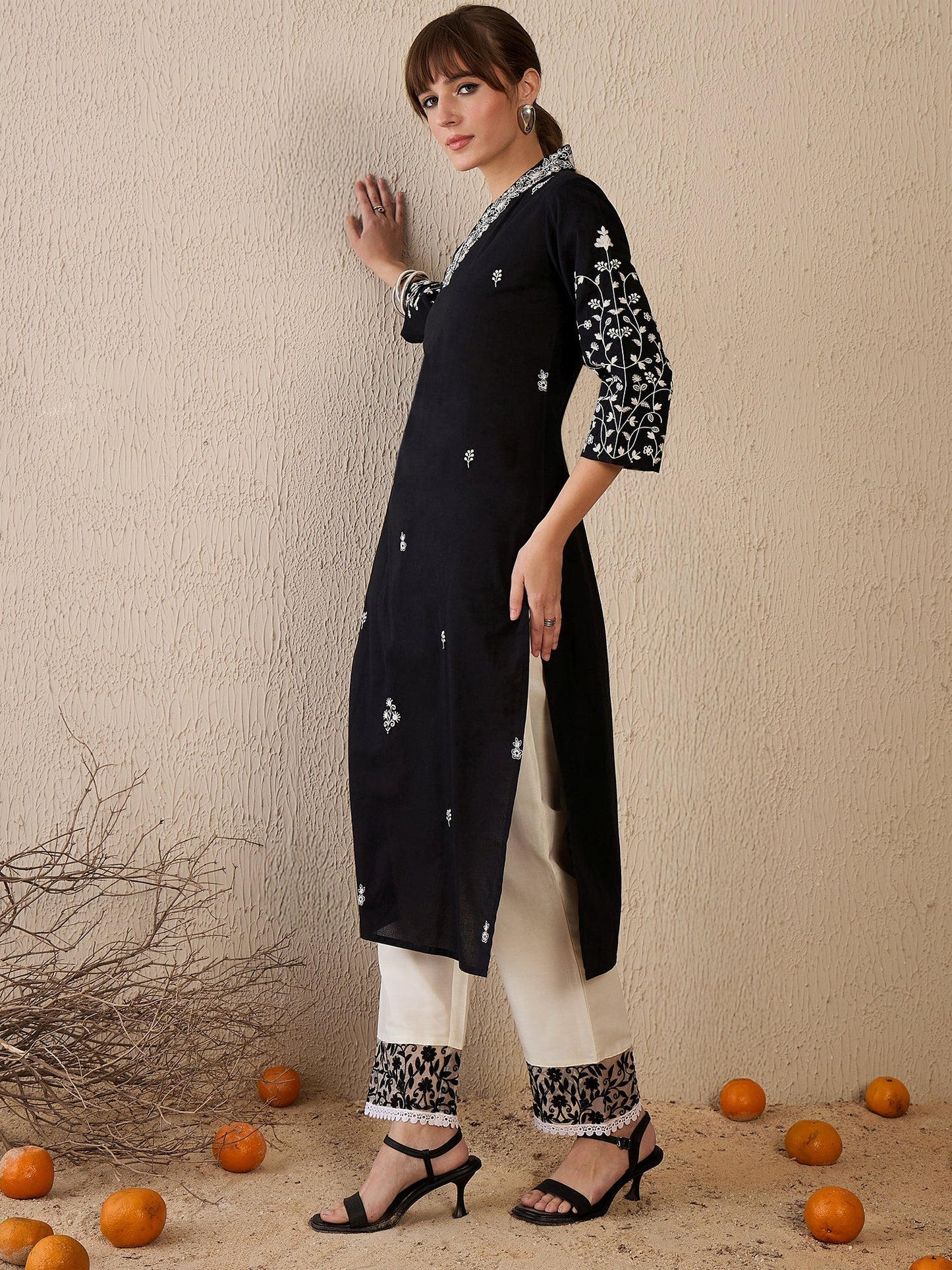 Black Embroidered Straight Kurtas