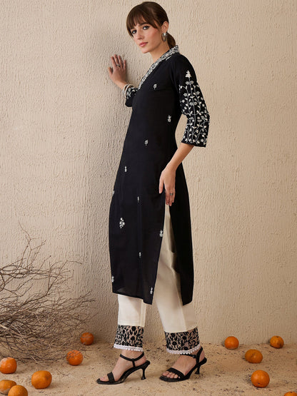 Black Embroidered Straight Kurtas