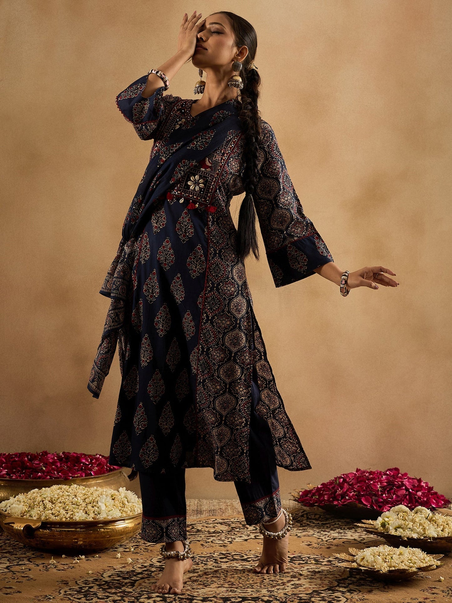 Blue Embroidered Straight Kurta Trousers With Dupatta Set