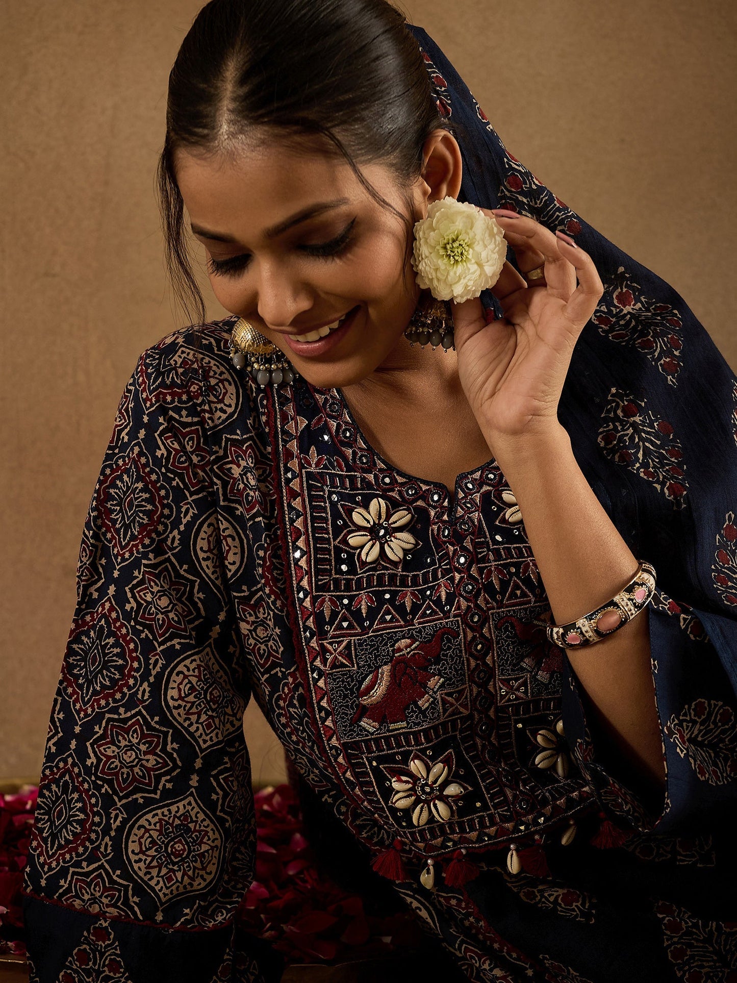 Blue Embroidered Straight Kurta Trousers With Dupatta Set