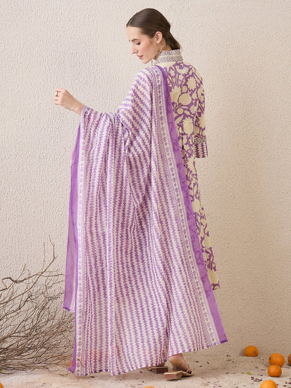 Lavender Printed A-Line Kurta Trousers With Dupatta Set