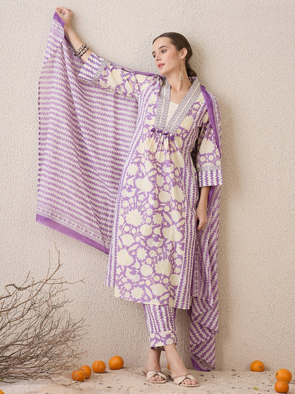 Lavender Printed A-Line Kurta Trousers With Dupatta Set
