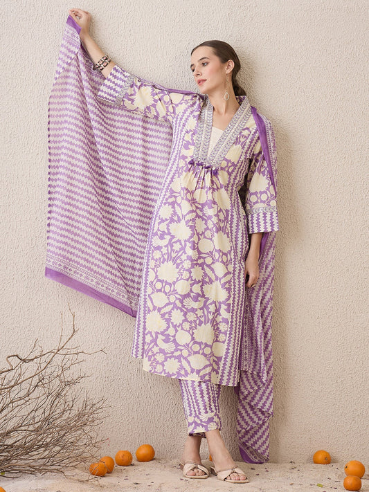 Lavender Printed A-Line Kurta Trousers With Dupatta Set