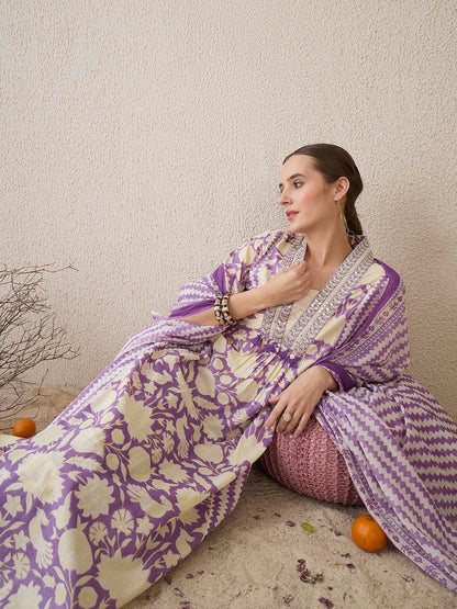 Lavender Printed A-Line Kurta Trousers With Dupatta Set