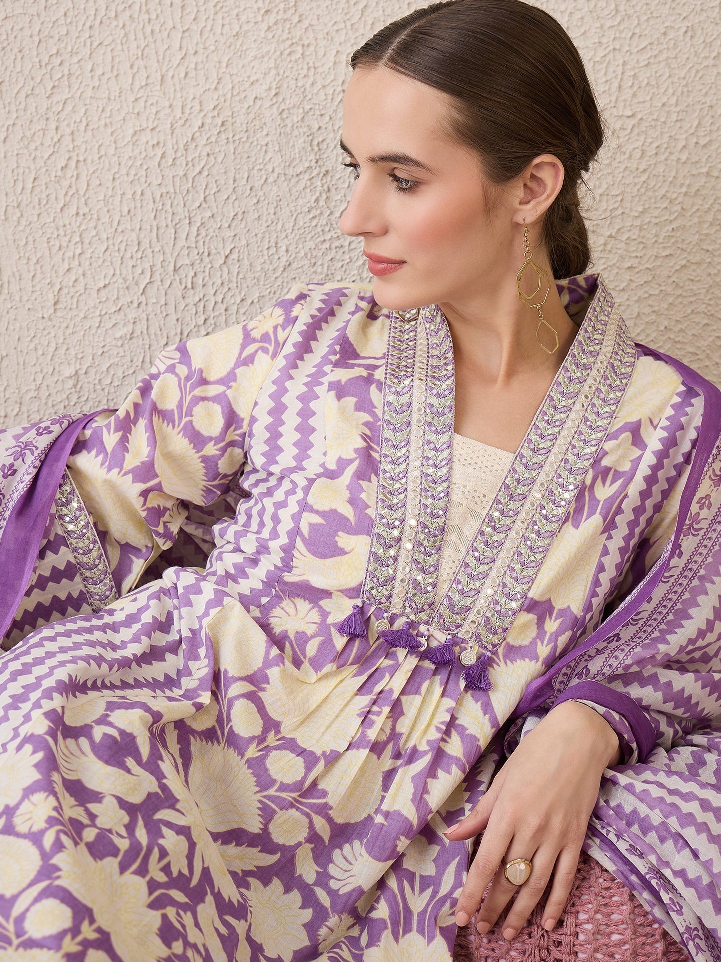 Lavender Printed A-Line Kurta Trousers With Dupatta Set
