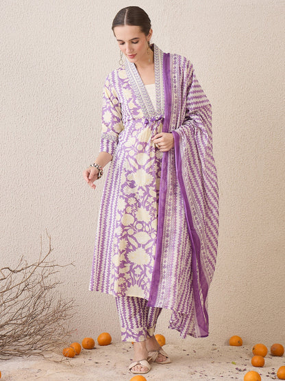 Lavender Printed A-Line Kurta Trousers With Dupatta Set