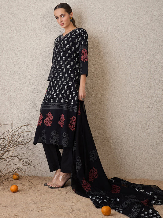 Black Printed Straight Kurta Trousers With Dupatta Set