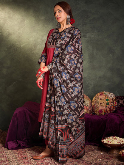 Maroon Self Design Straight Kurta Trousers With Dupatta Set