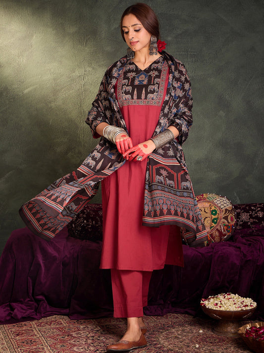 Maroon Self Design Straight Kurta Trousers With Dupatta Set