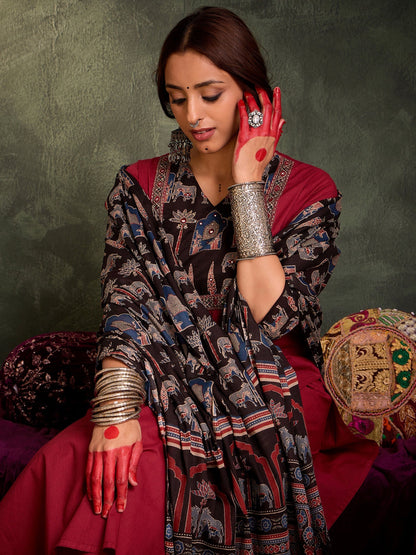 Maroon Self Design Straight Kurta Trousers With Dupatta Set