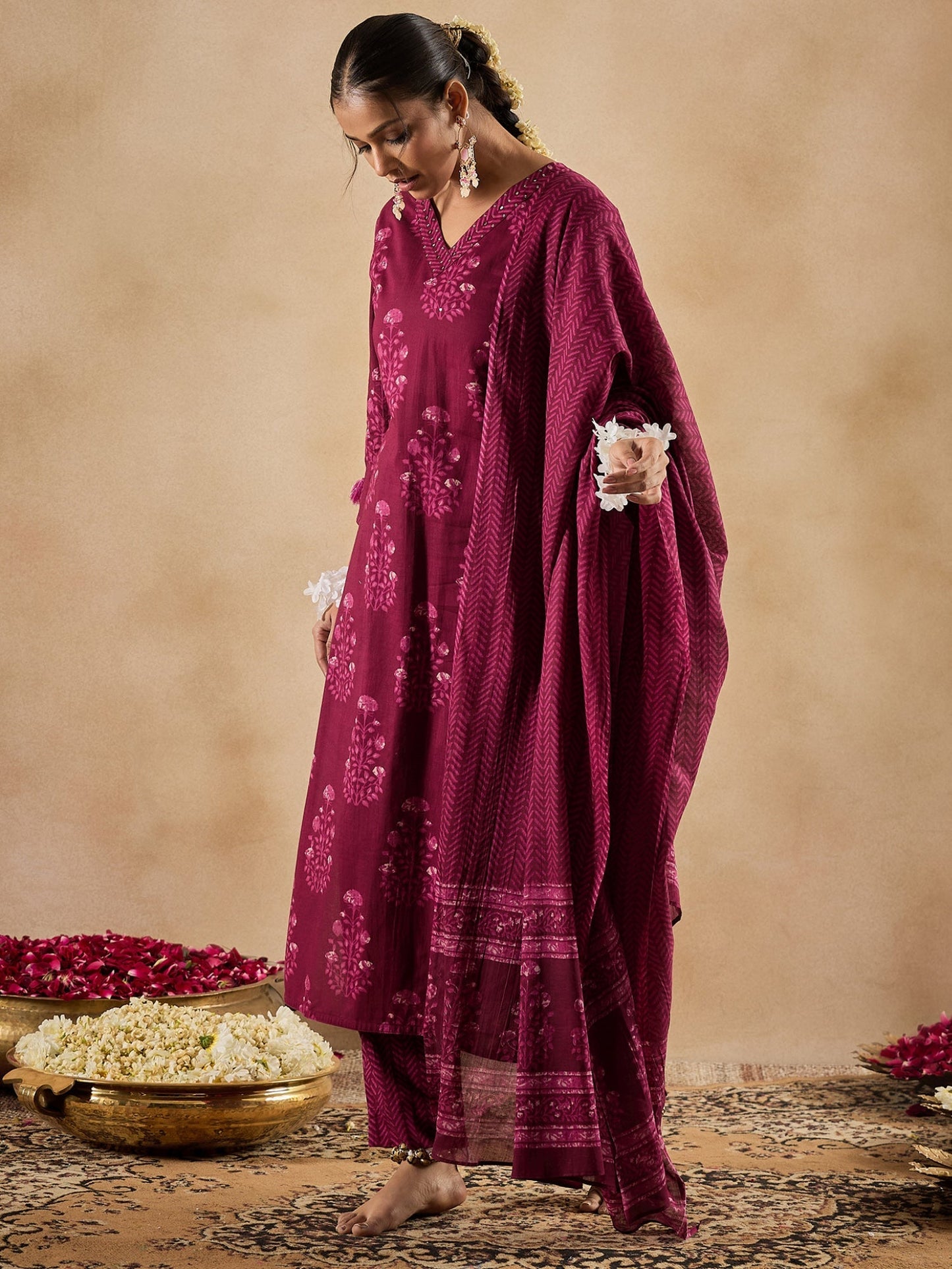 Burgundy Printed Straight Kurta Trousers With Dupatta Set
