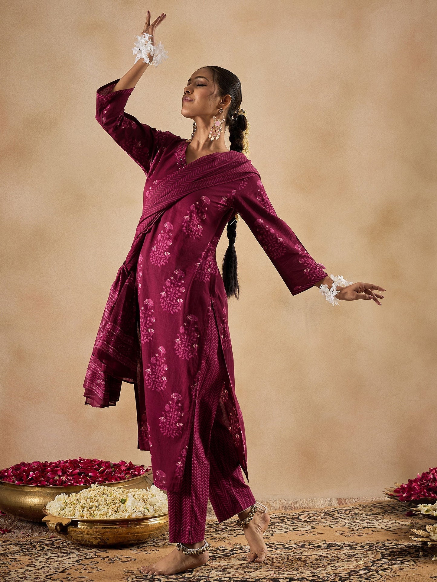 Burgundy Printed Straight Kurta Trousers With Dupatta Set