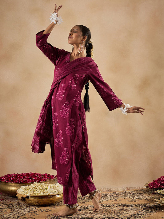 Burgundy Printed Straight Kurta Trousers With Dupatta Set