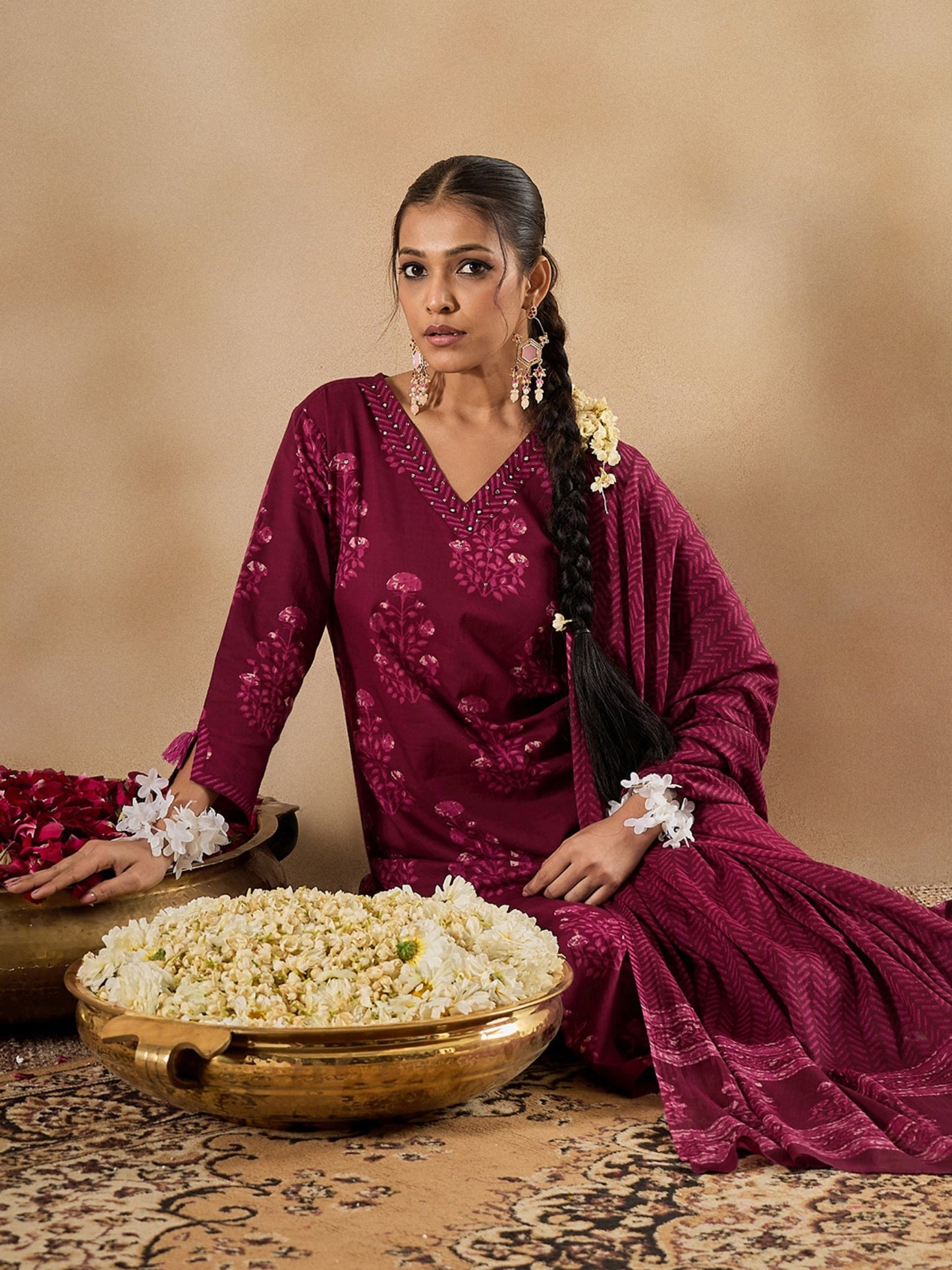 Burgundy Printed Straight Kurta Trousers With Dupatta Set