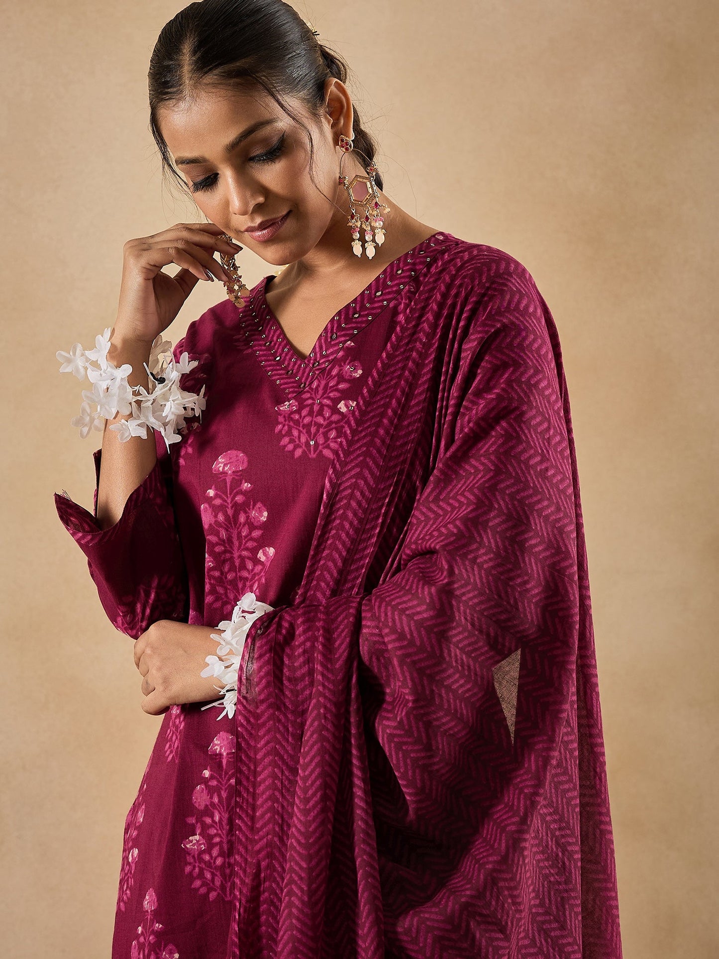 Burgundy Printed Straight Kurta Trousers With Dupatta Set