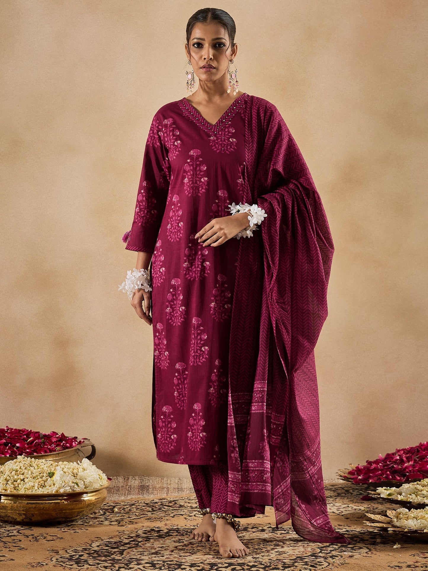 Burgundy Printed Straight Kurta Trousers With Dupatta Set