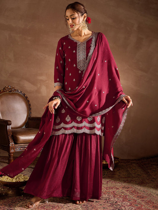 Maroon Embroidered Straight Kurta Sharara With Dupatta Set