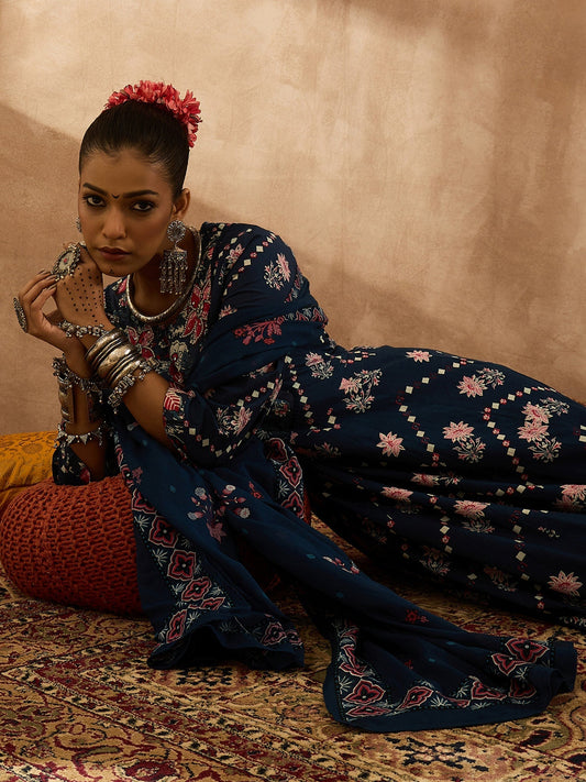 Blue Embroidered A-Line Kurta Trousers With Dupatta Set