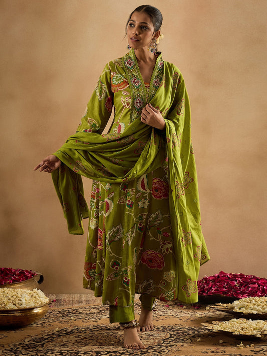 Green Printed A-Line Kurta Trousers With Dupatta Set