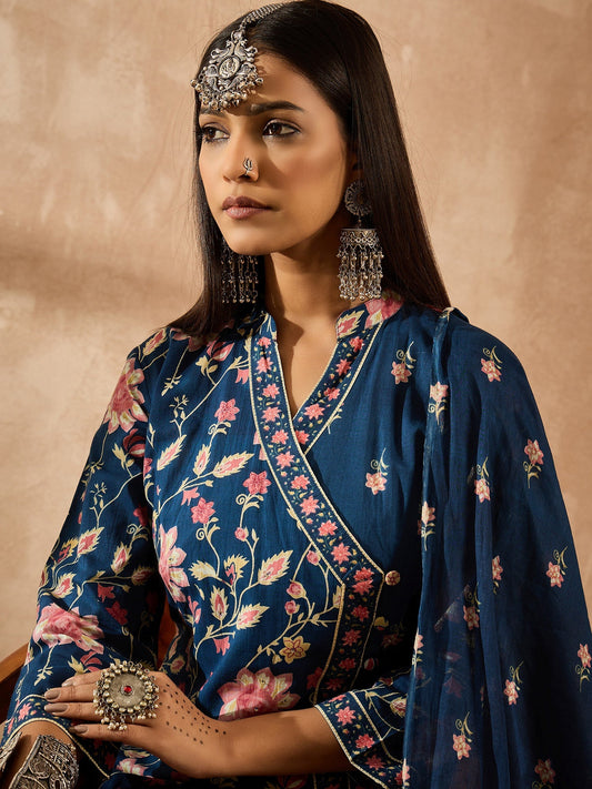 Blue Printed A-Line Kurta Trousers With Dupatta Set
