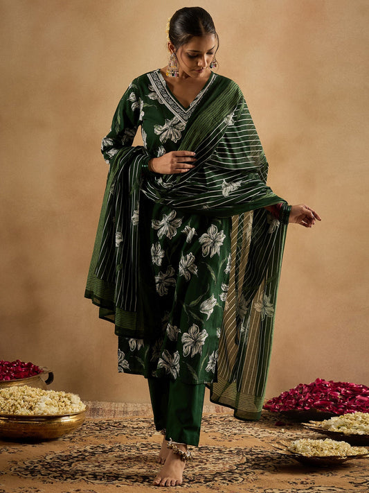 Green Printed Straight Kurta Trousers With Dupatta Set