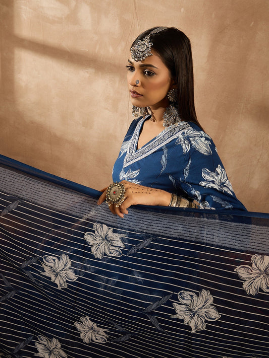 Blue Printed Straight Kurta Trousers With Dupatta Set
