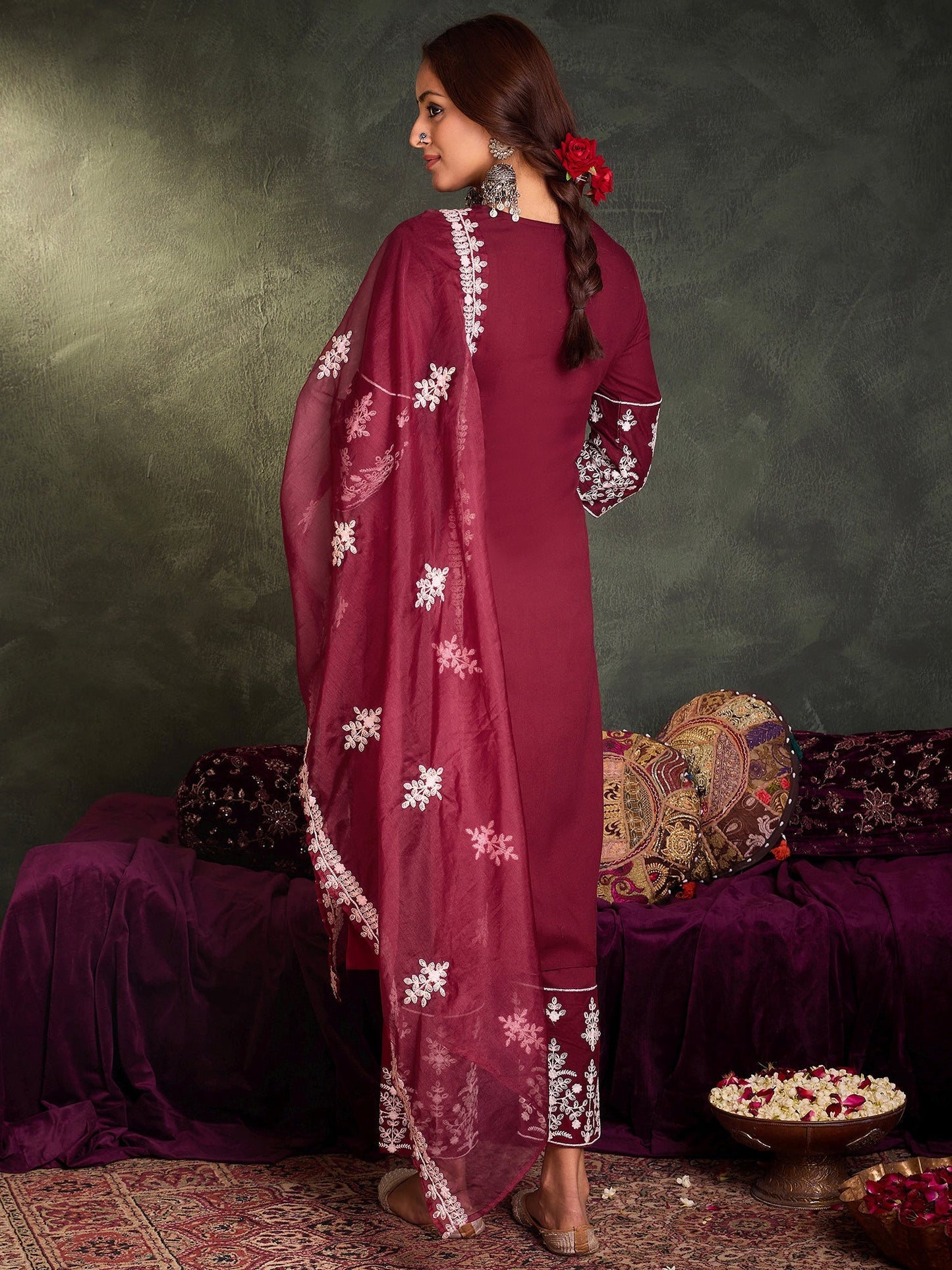 Maroon Embroidered Straight Kurta Trousers With Dupatta Set
