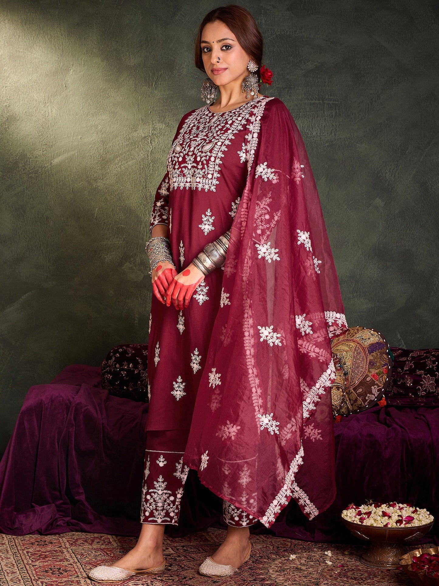 Maroon Embroidered Straight Kurta Trousers With Dupatta Set