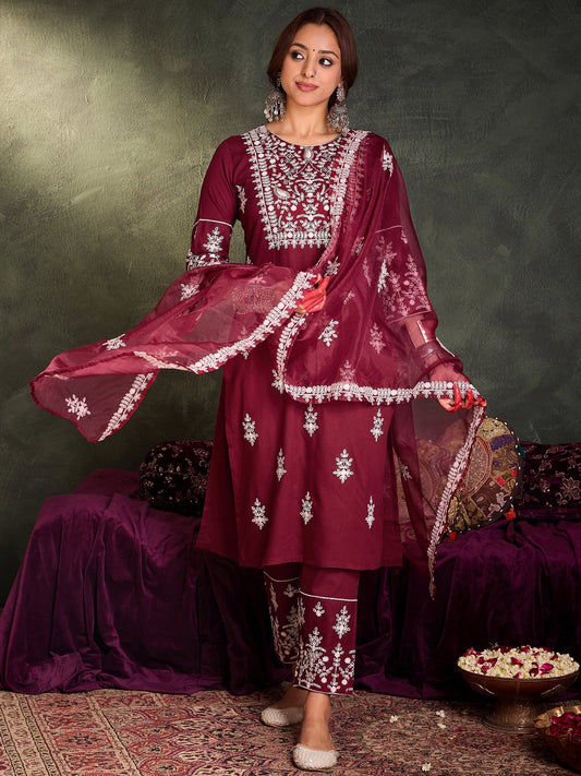 Maroon Embroidered Straight Kurta Trousers With Dupatta Set