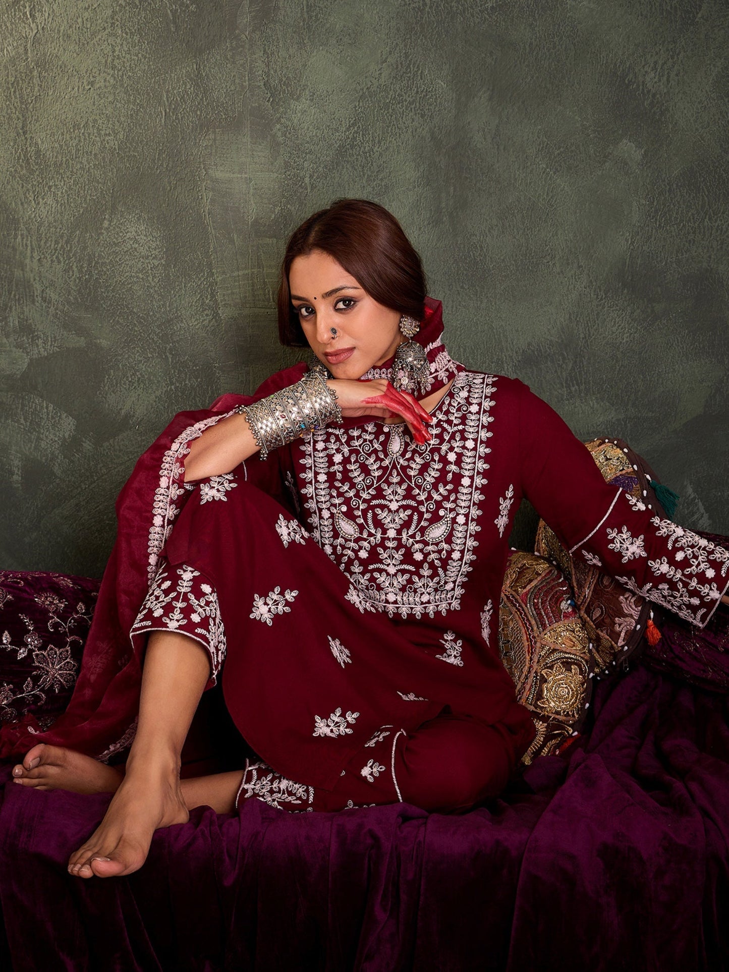 Maroon Embroidered Straight Kurta Trousers With Dupatta Set