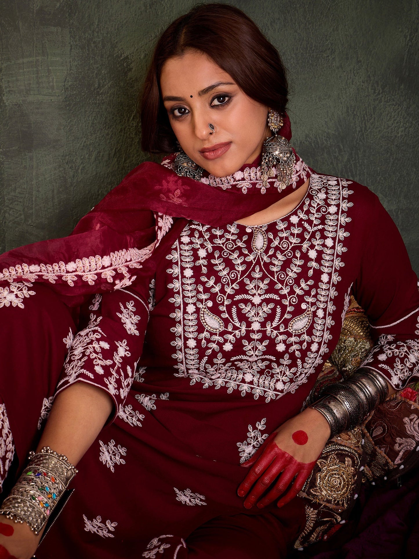 Maroon Embroidered Straight Kurta Trousers With Dupatta Set