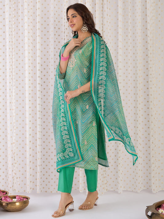 Multi Embroidered Straight Kurta Trousers With Dupatta Set