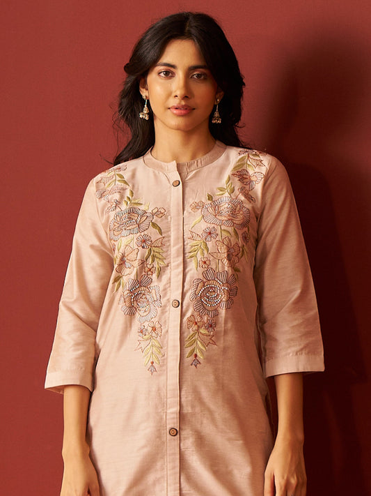 Beige Embroidered Pure Cotton Straight Women Kurta Trouser Set