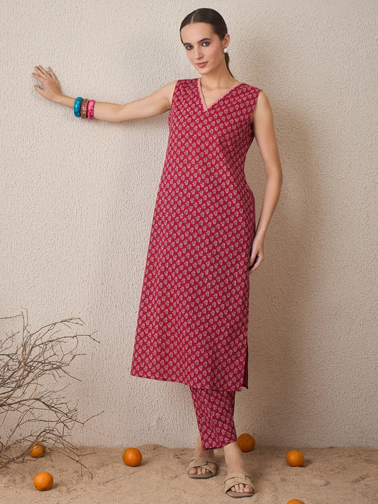 Maroon Printed Straight Kurta Trousers Set